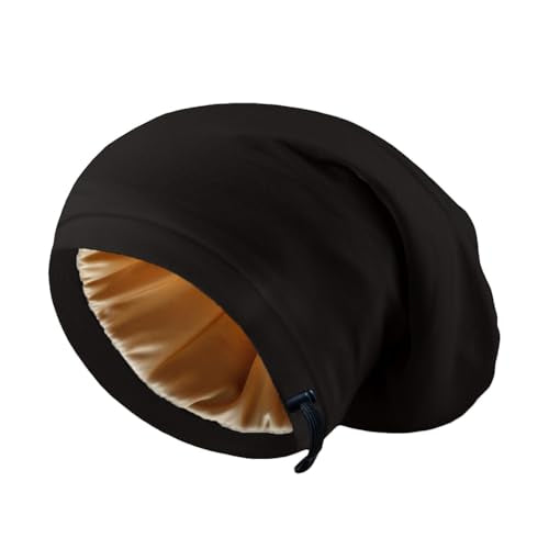 Koeuoi Adjustable Satin-Lined Silk Sleep Cap for Women Men - Black, Medium