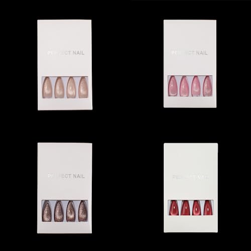 KKUUOO A030 Long Stiletto Press on Nails - 4 Pack Velvet & Gradient Designs, Reusable Acrylic Fake Nails