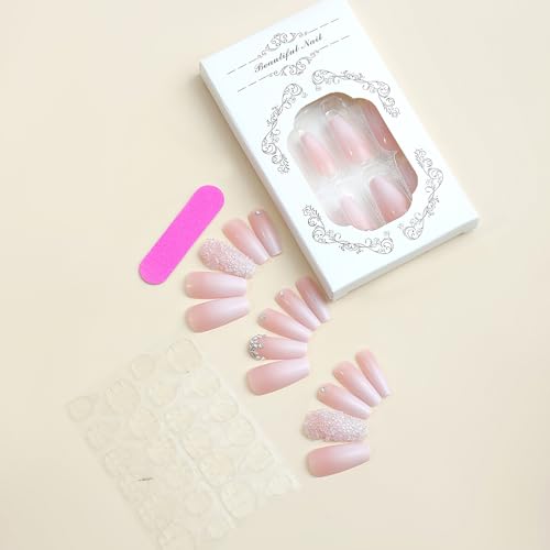 Pink Rhinestone Press On Nails - 24pcs Long Square Coffin Set