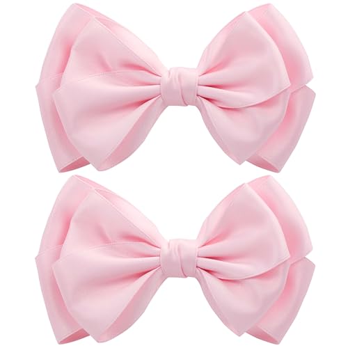 Pink 6 Inch Girl Hair Bows with Alligator Clips - Thick Ribbon Boutique Hair Accessories for Baby Girls, Toddlers & Kids - 2 Pack
