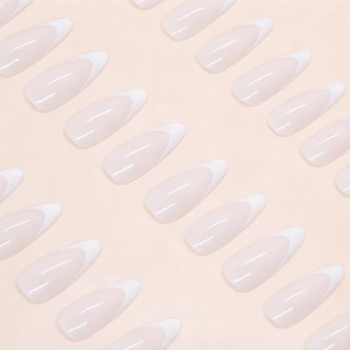 Almond White French Tip Press On Nails - 24 Pcs Reusable Fake Nails