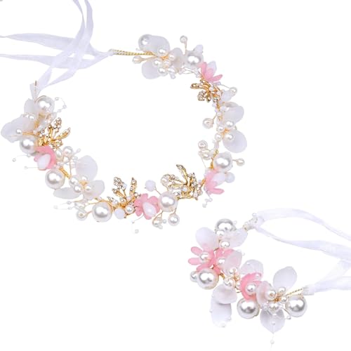 LAPOHI Bridal Flower Crown and Wrist Corsage Set with Pearl and Rhinestones