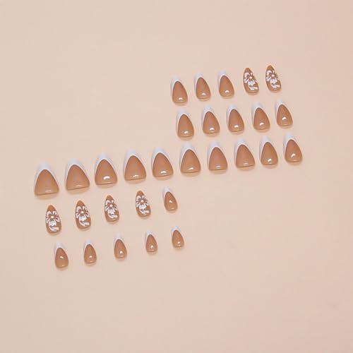 RikView Medium Almond French Tip Press-On Nails with Flower Design, Glossy Fake Nails for Women, 24 Pcs