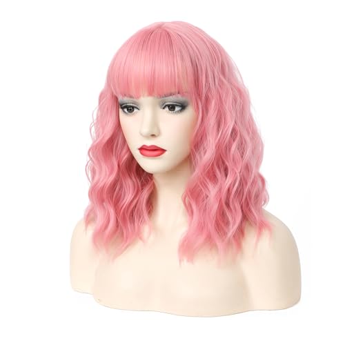 CLIONE Pink Bob Wig with Bangs - Short Wavy Synthetic Hair 14”