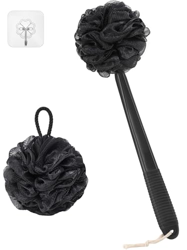 ROLIZOE 17-Inch Black Non-Slip Back Scrubber with Handle - Hand Shower Loofah & Loofah on a Stick Set
