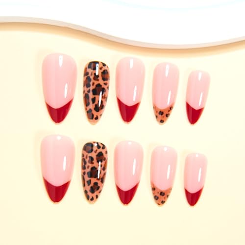 MABKJLF Style11 Medium Almond Press-On Nails with Red French Tip & Leopard Print - 24Pcs
