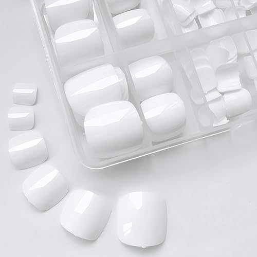 LuckForever White Press On Toenails Kit with 240 Tips & Adhesive Tabs - Short Square Fake Toenails for DIY Pedicure