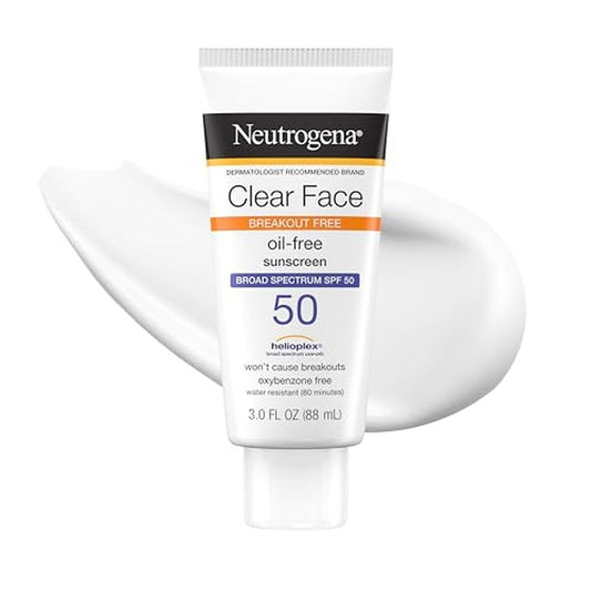 Neutrogena Clear Face Sunscreen Lotion SPF 50 for Acne-Prone Skin Broad Spectrum UVA UVB Protection Oil-Free No-Fragrance No-Oxybenzone Water-Resistant Daily Face Moisturizer, 3 fl oz