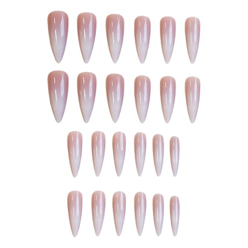 SINHOT Long Stiletto Press On Nails with Design - 24 pcs, White Gradient, Nude, Glossy Glue-On Fake Nails, Model 72FN0001