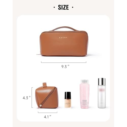 EACHY Travel Makeup Bag, Large Capacity Cosmetic Bag for Women, Waterproof PU Leather, Flat Open Portable Toiletry Bag for Skincare, Brushes & Travel Essentials