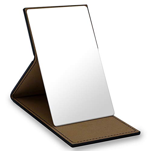 Black Compact Mirror - Unbreakable Stainless Steel Travel Mirror with Leather Case