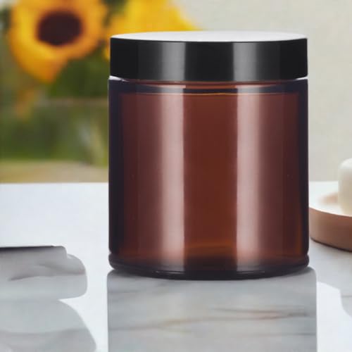 JUVITUS 4 oz Amber Glass Jar with Black Lid - Airtight Cosmetic Container (2 Pack)