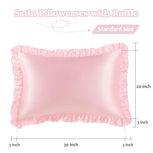 Pink Ruffle Satin Pillowcase Set of 2 - 20x30 Inches, Luxurious Comfort