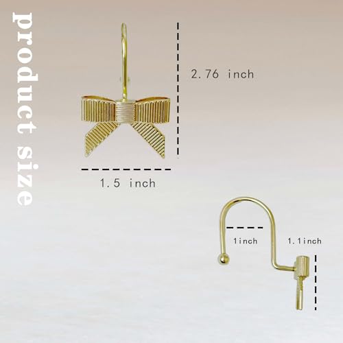 Gold Bow Shower Curtain Hooks - 12 Pack Rust Proof Metal Rings