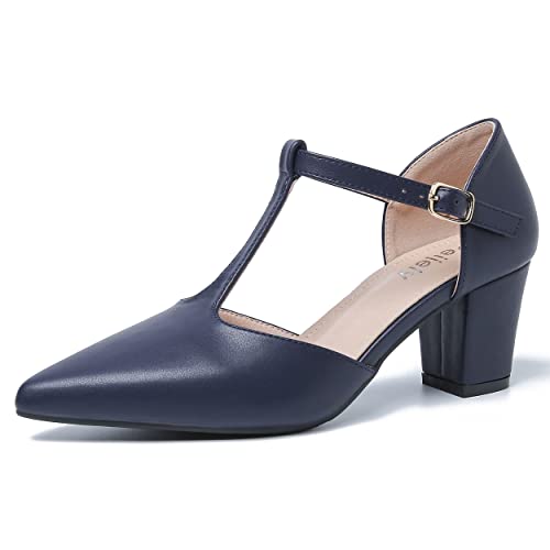 Women's T-Strap Pointed Toe Pumps with Block Heel and Ankle Buckle - Peijely