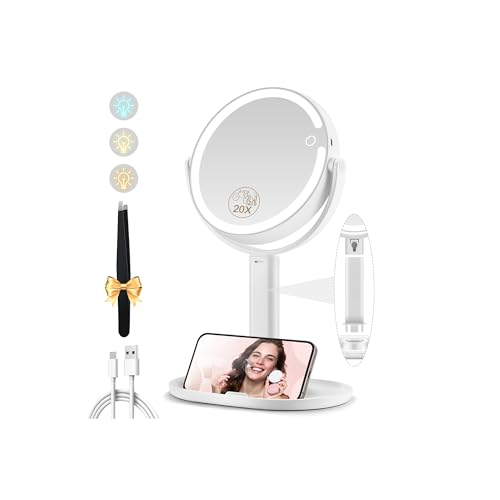 MOMOKUBA Makeup Mirror with Lights, Double Sided 1x/20x Magnifying Mirror with Light, Rechargeable 3 Color Lights and Adjustable Brightness, 360¡Æ Rotation Detachable Comes with Tweezer(White)