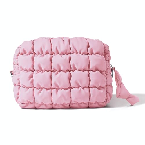 Yarnic Pink Quilted Makeup Bag - Compact Travel Organizer (M)