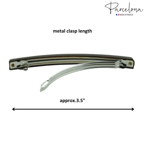 Parcelona French Long Narrow Celluloid Hair Barrette with Crystals - Shell Brown, No Slip Grip, Made in France