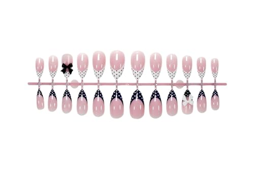 Tnampv Style 3 Medium Almond French Tip Press On Nails with Polka Dots - Black & White, Glossy Full Cover Fake Nails for Women, 24pcs