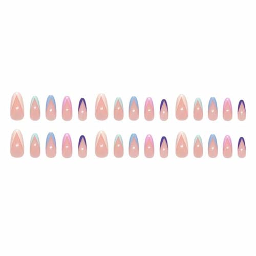 Almond Press-On Nails Medium Length Nude Pink with Colorful French Tips 24 Pcs
