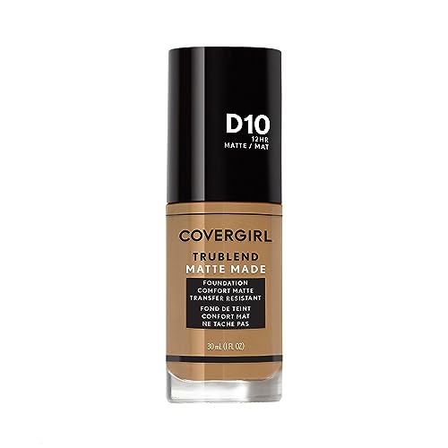 Covergirl TruBlend Matte Made Liquid Foundation D10 Golden Caramel 1 Fl Oz – Long-Lasting, Oil-Absorbing Makeup