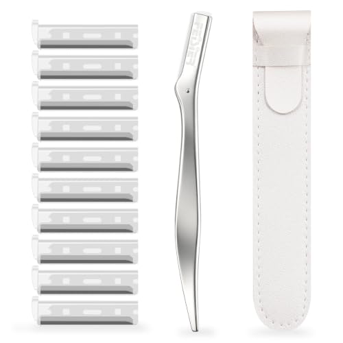 FEISIER Metal Eyebrow Razor Kit with 10 Blades & Travel Pouch - Precision Facial Hair Remover for Women & Men