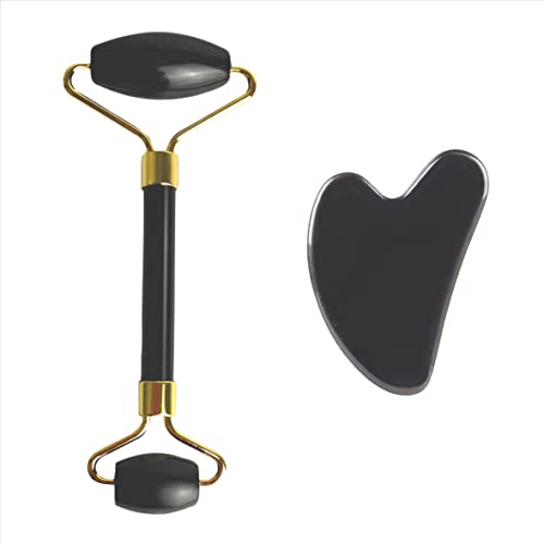 Golden Oil Black Obsidian Facial Roller & Gua Sha Set for Anti-Aging & Skin Tightening