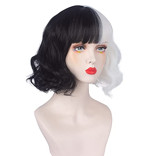 Askuang Short Curly Black and White Wig with Bangs - Synthetic Cosplay