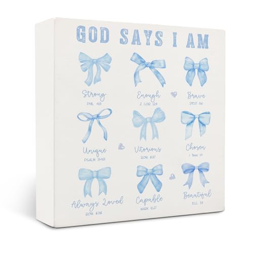Blue Bow Christian Wooden Sign - Inspirational Decor 5x5