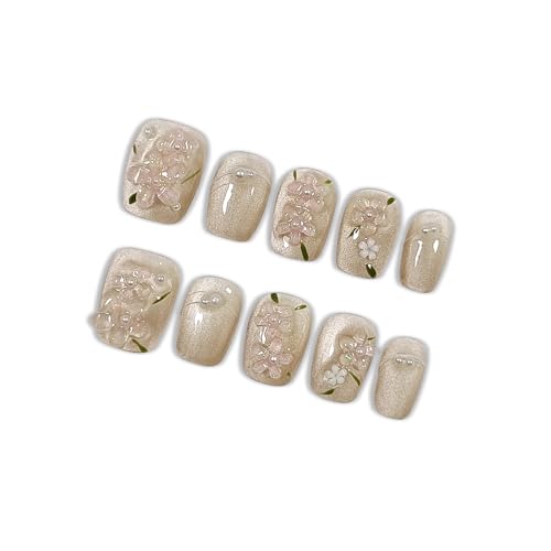 Hantyer Press On Nails Short Coffin Cat Eye 3D Floral Pearl Tea – Size M, Reusable