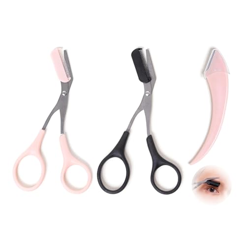 3 Pack Eyebrow Scissors with Comb Set for Women & Men - Stainless Steel Trimmers & Razor