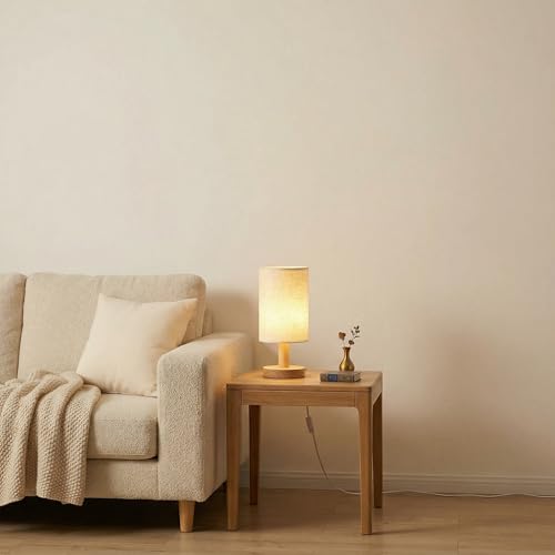 USB Powered Minimalist Bedside Table Lamp with Wood Base & Fabric Shade