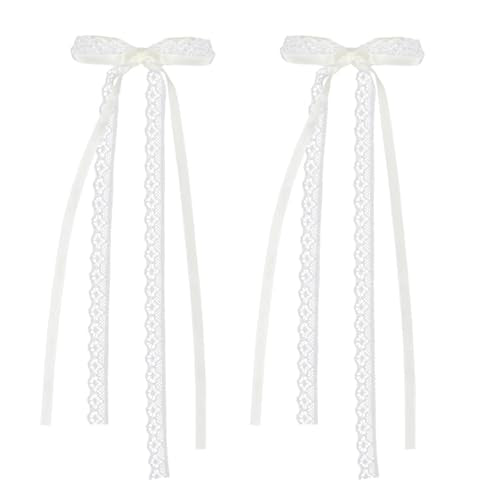 2 Pcs White Lace Hair Bow Clips with Long Tail - Elegant Ribbon Bows