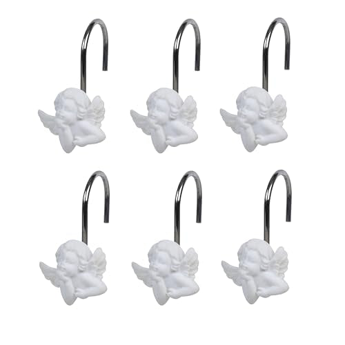 TwoFish White Angel Shower Curtain Hooks Set of 12 - Anti-Rust Decorative Resin