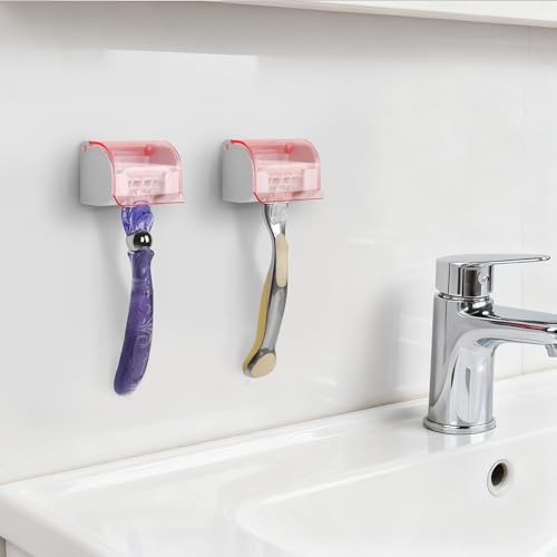LUEXBOX 2 Pack Razor Holder with Cover for Shower Wall, Self Adhesive Razor Stand Shaver Organizer, Plastic Razor Hanger Hooks Compatible with Gillette Venus, Flamingo, BIC, Billie (Clear Pink)