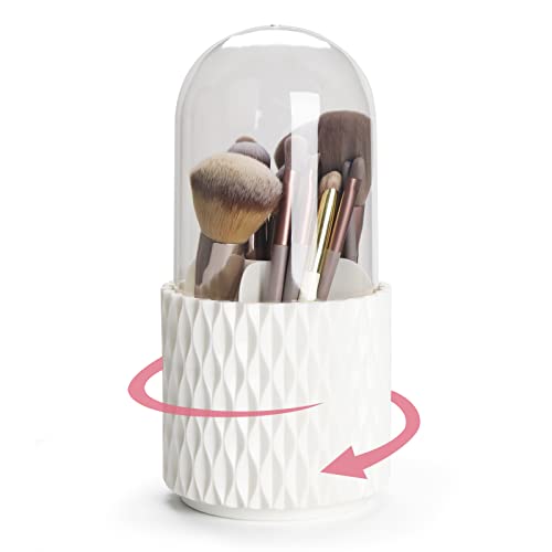 White Makeup Brush Holder Organizer with Lid - 360° Rotating Dustproof
