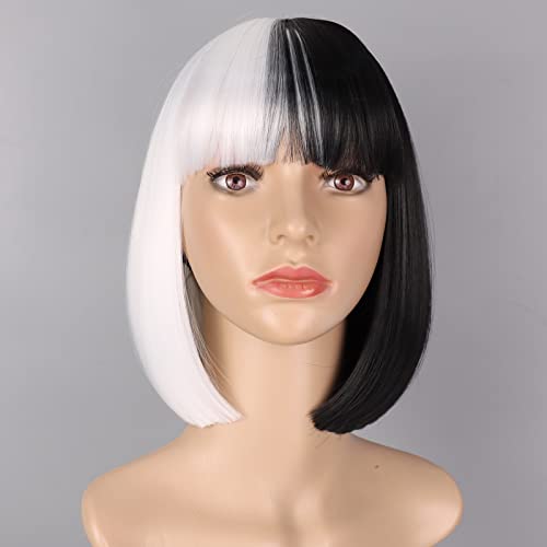 Short Black and White Bob Wig with Bangs for Cosplay and Halloween