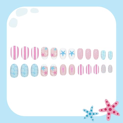 Mtruil Summer French Tip Press-On Nails Set - Designs 23, Short Almond, Pink & Blue Beach Nail Art, Reusable 24 pcs