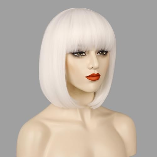 12 Inch White Synthetic Bob Wig with Bangs for Women, Short Straight Hair for Halloween & Parties