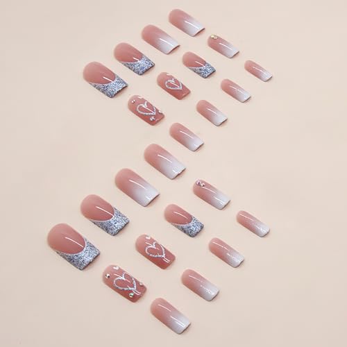 Medium Length French Tip Press-On Nails with Blue Glitter & Rhinestones - 24pcs