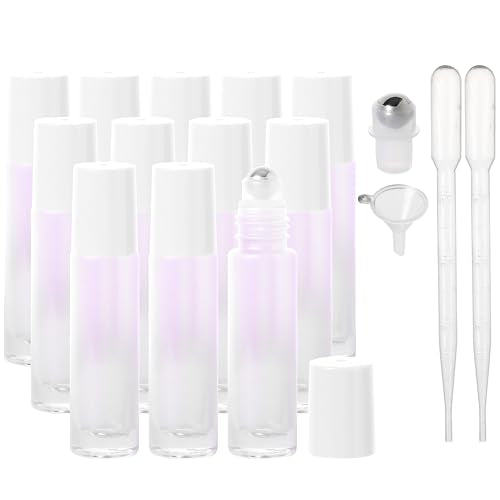 SESENSE White 10ml Essential Oil Roller Bottles 12 Pack with Funnel, Dropper & Stainless Steel Balls