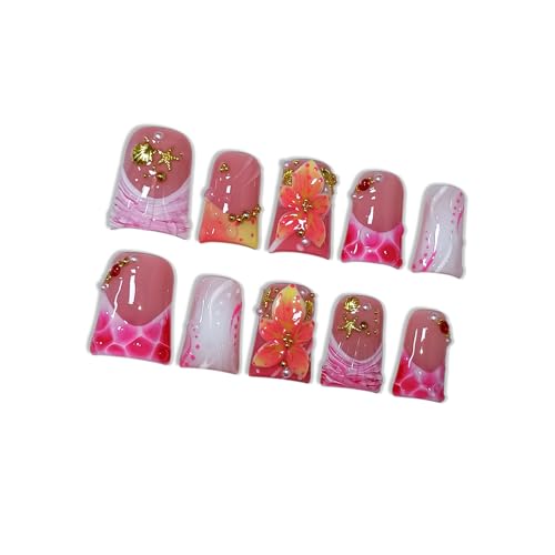 Hantyer L707 Short Duck Nails Pink Leopard French Tip Press On Nails with 3D Floral & Gold Seashells, Size S