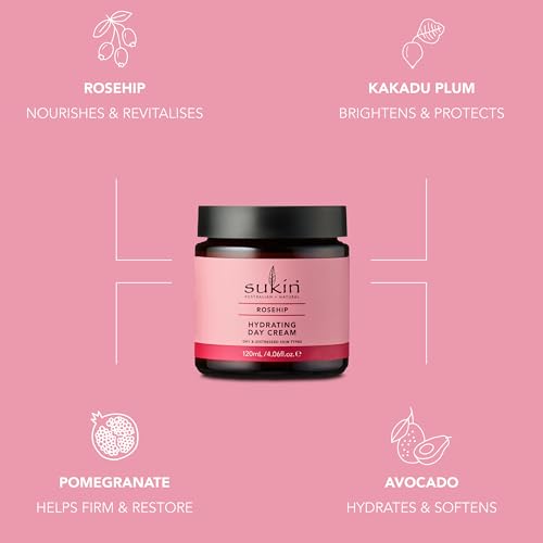 Sukin Hydrating Day Cream with Rosehip – Anti-Aging Moisturizer for Dry Skin, 4.06 Oz