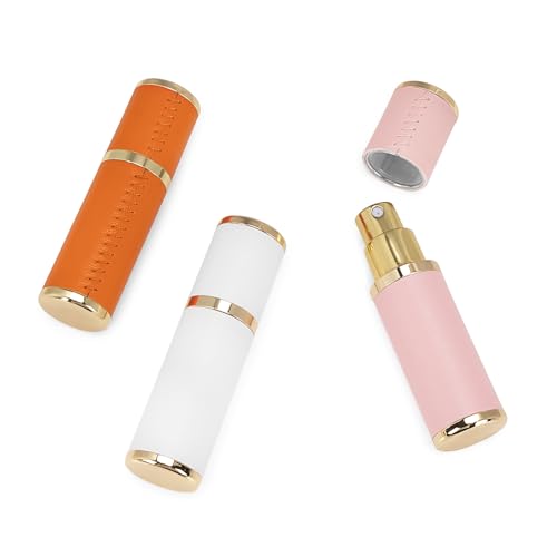 LUEXBOX 3 Pack Mini Refillable Perfume Bottles - Travel Atomizers in White, Pink & Orange