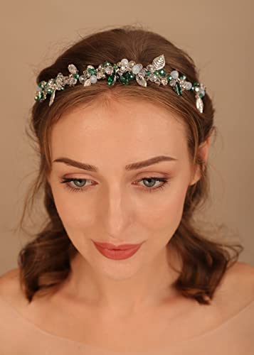 Denifery Bridal Hair Vine Headband with Green Crystals & Rhinestones
