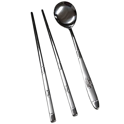 Korean Traditional Stainless Steel Spoon & Chopsticks Set - Silver Turtle