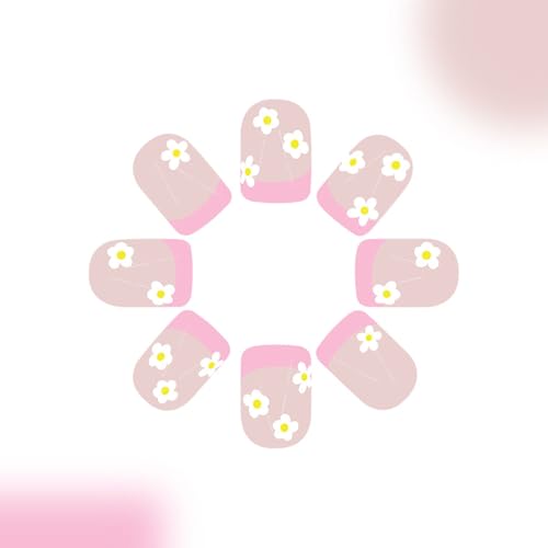Pink French Tip Press-On Nails with Flower Design - 24 Pcs