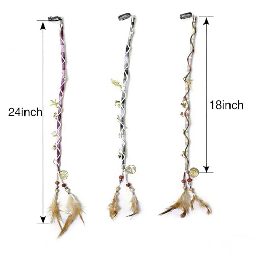 Zonvard 24-Inch Boho Feather Braid Hair Wraps - 3-Pack (Purple, Gray, Pink)