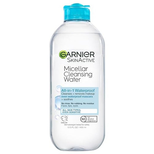 Garnier Micellar Water For Waterproof Makeup, Hydrating Facial Cleanser & Makeup Remover, Suitable for Sensitive Skin, Vegan, Cruelty Free, 13.5 Fl Oz (400mL), 1 Count