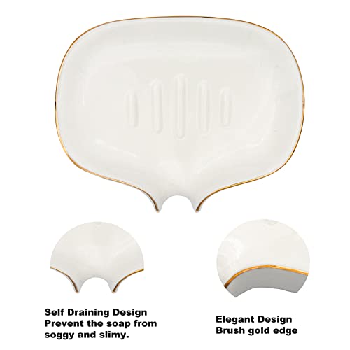 Ceramic Self-Draining Soap Dish with Gold Edge for Bathrooms & Kitchens